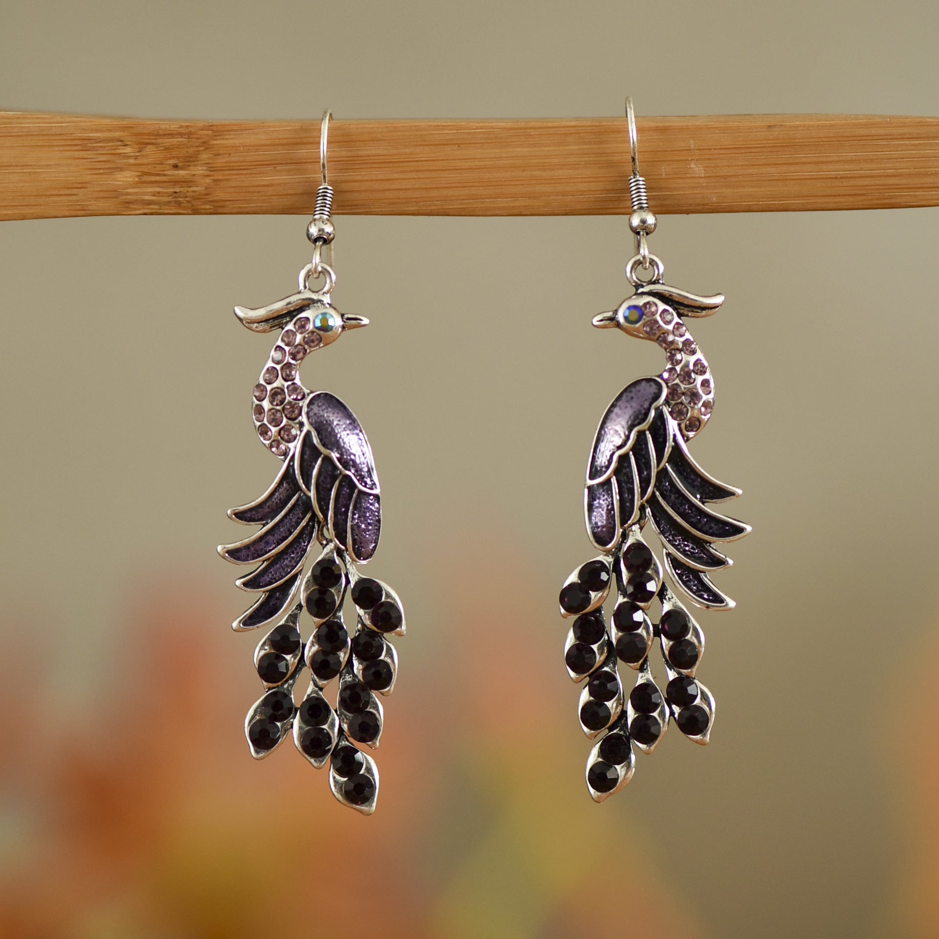 Wholesale Chinese Style Diamond Studded Texture Peacock Retro Earrings
